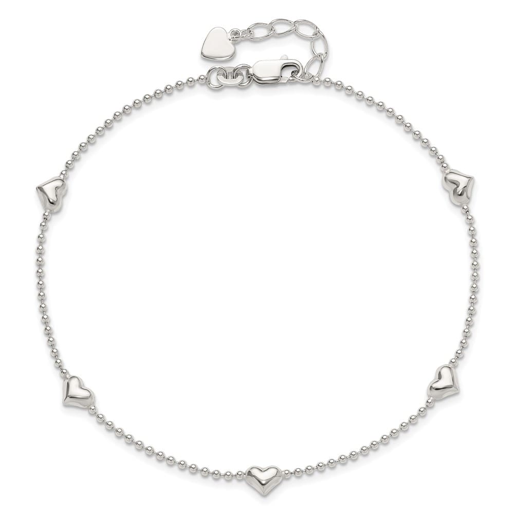 Sterling Silver Puffed Heart 5-Station Anklet