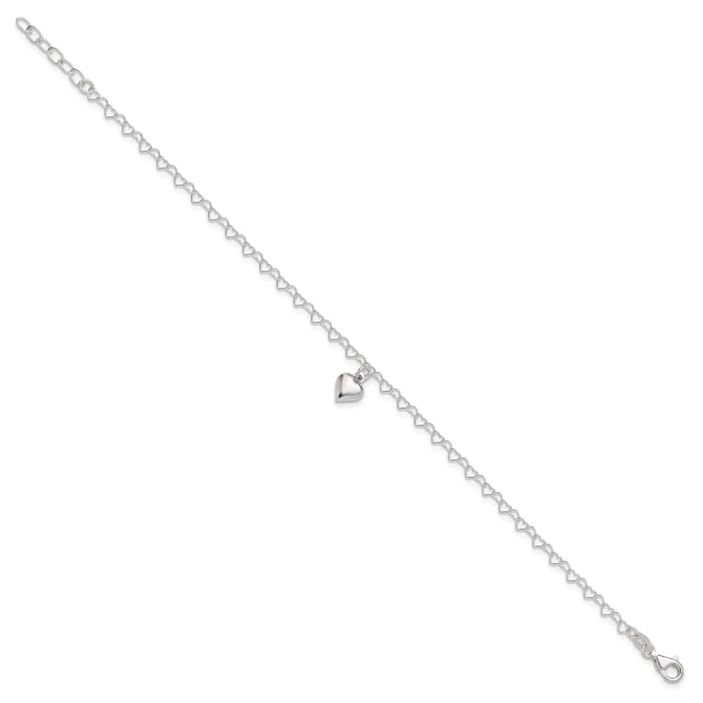 Sterling Silver Puffed Heart Charm Anklet