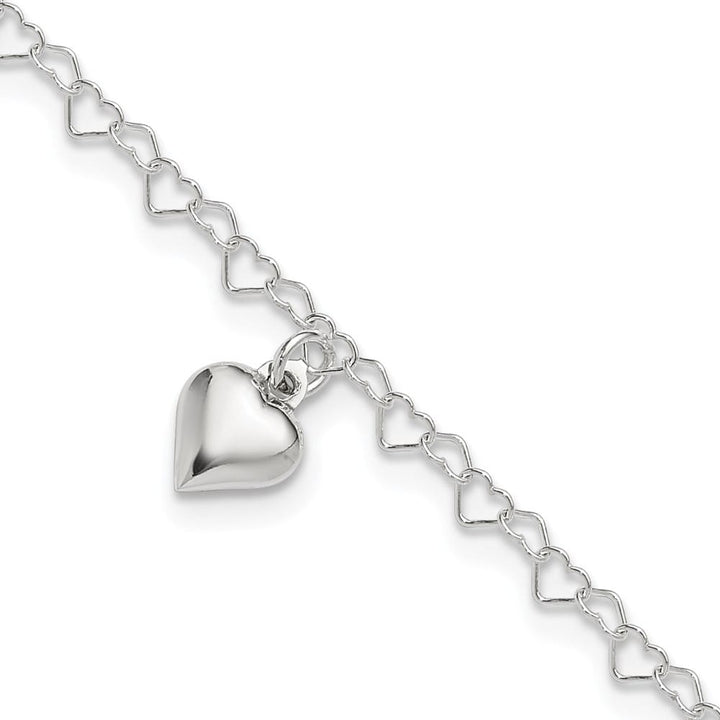 Sterling Silver Puffed Heart Charm Anklet — .925 sterling silver, 10 inches long, 1 inch extension, 5 mm wide, lobster clasp, 2.54 g