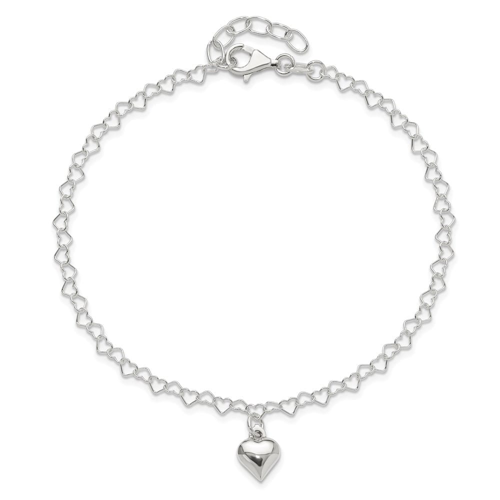 Sterling Silver Puffed Heart Charm Anklet