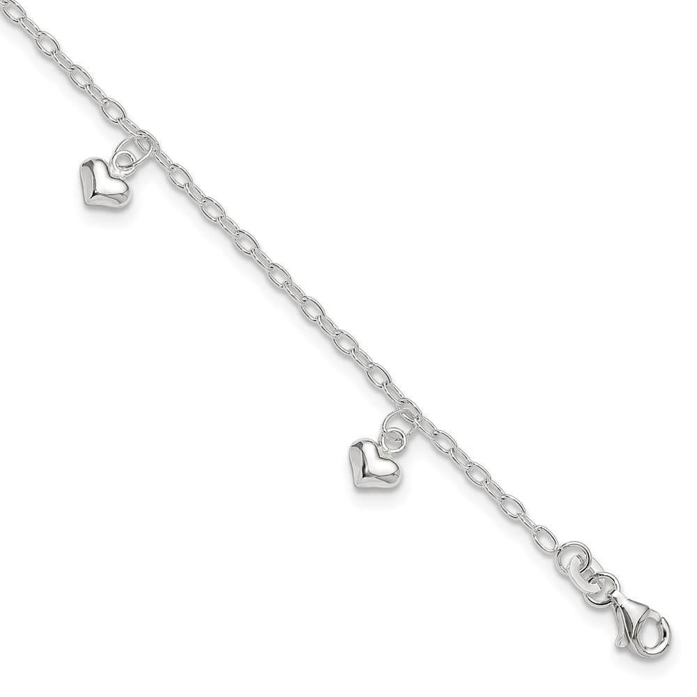 Sterling Silver Puffed Heart Charms on Cable Link Anklet — .925 sterling silver, 10 inches long, 2 mm wide, lobster clasp, 2.98 g