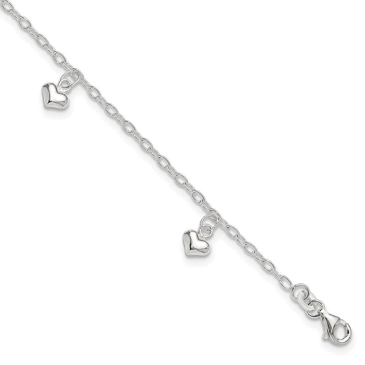 Sterling Silver Puffed Heart Charms on Cable Link Anklet — .925 sterling silver, 10 inches long, 2 mm wide, lobster clasp, 2.98 g