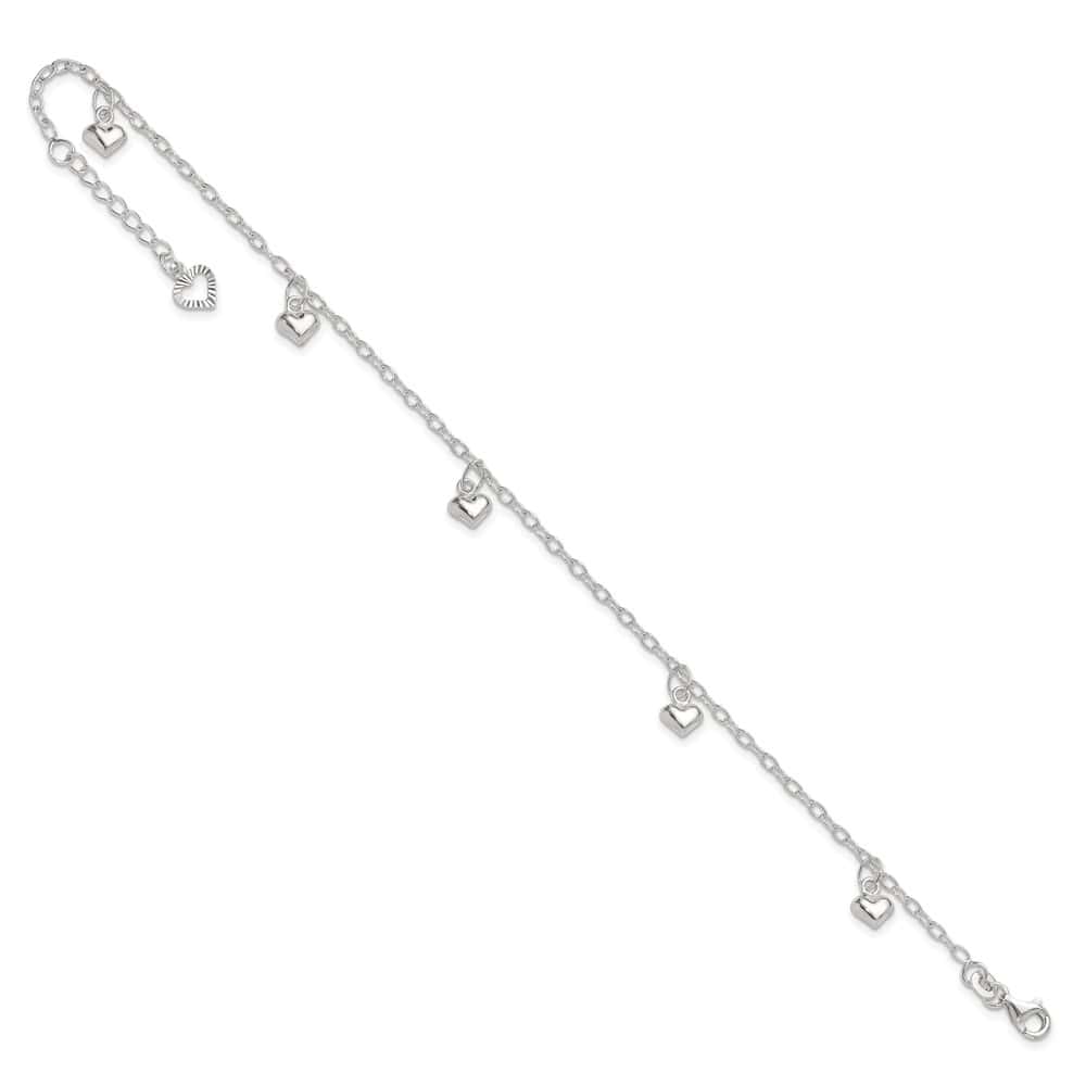 Sterling Silver Puffed Heart Charms on Cable Link Anklet