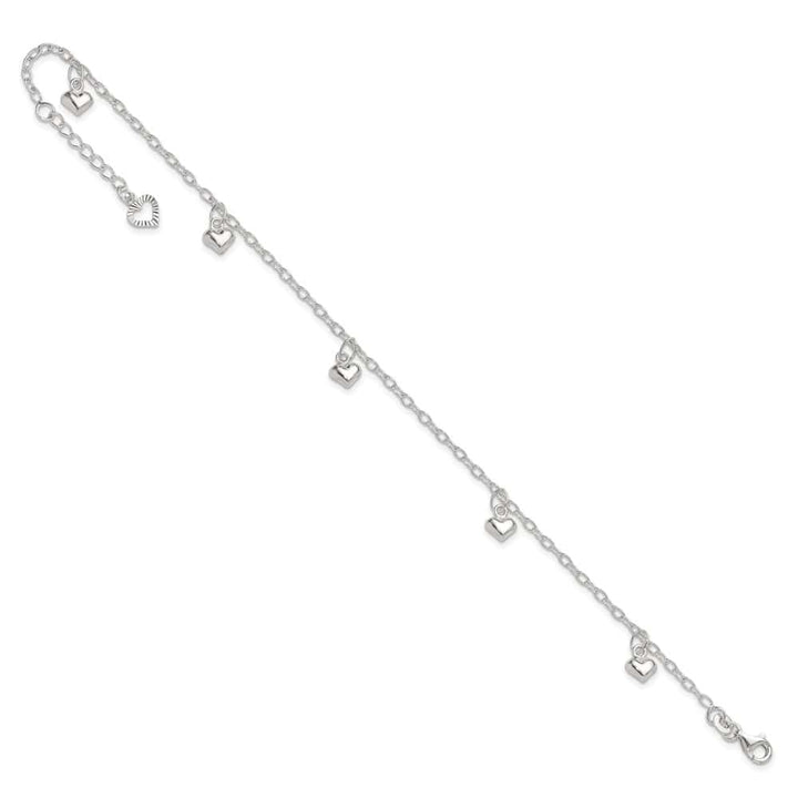 Sterling Silver Puffed Heart Charms on Cable Link Anklet
