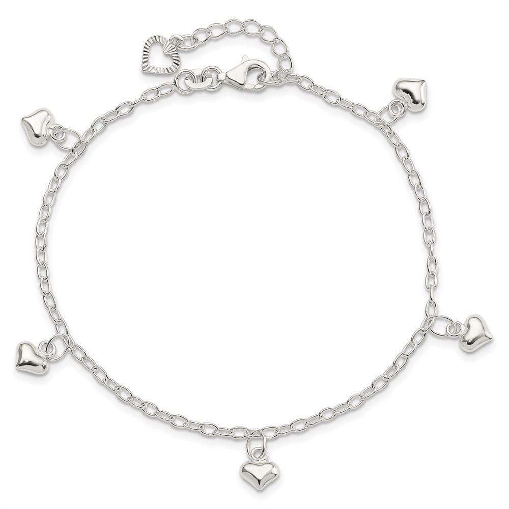 Sterling Silver Puffed Heart Charms on Cable Link Anklet