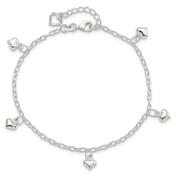 Sterling Silver Puffed Heart Charms on Cable Link Anklet