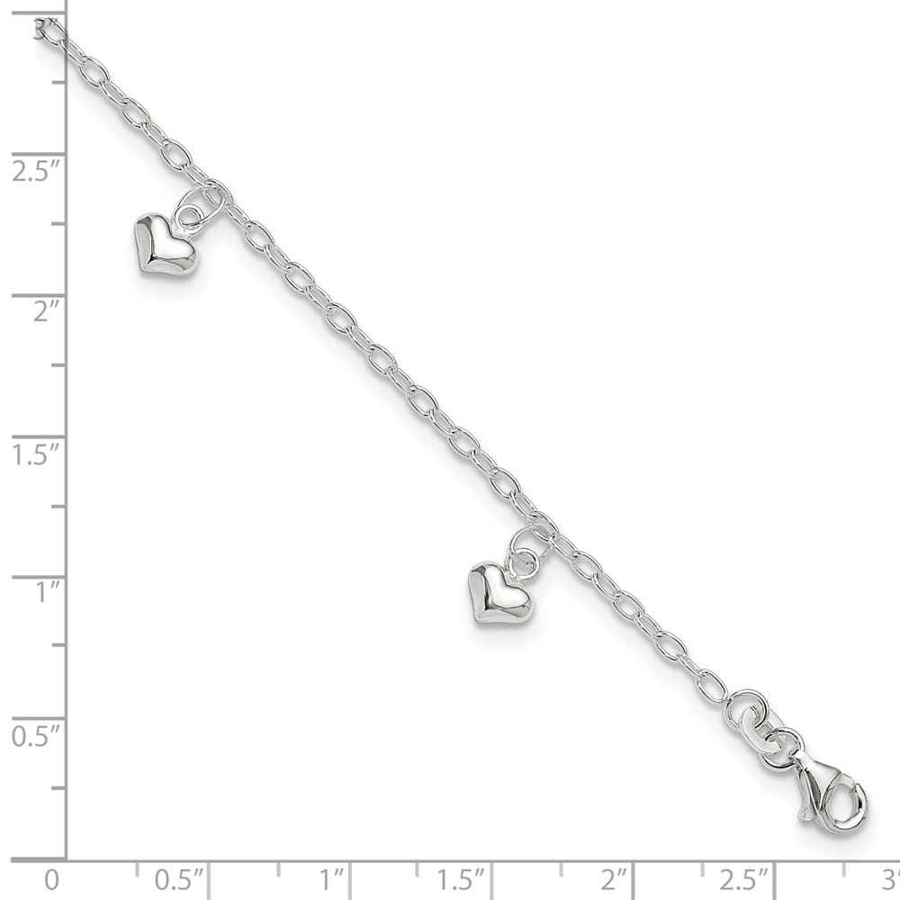 Sterling Silver Puffed Heart Charms on Cable Link Anklet