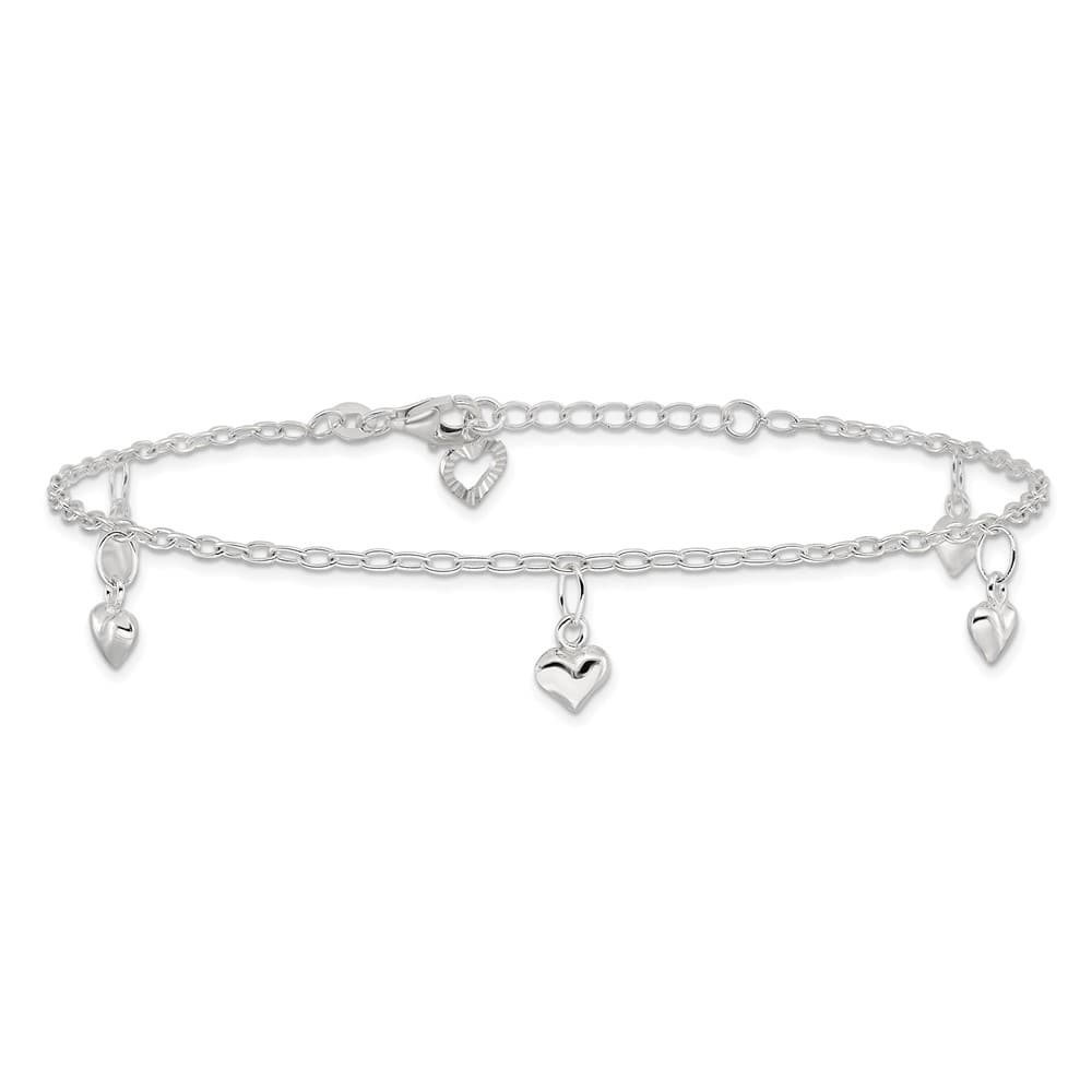 Sterling Silver Puffed Heart Charms on Cable Link Anklet