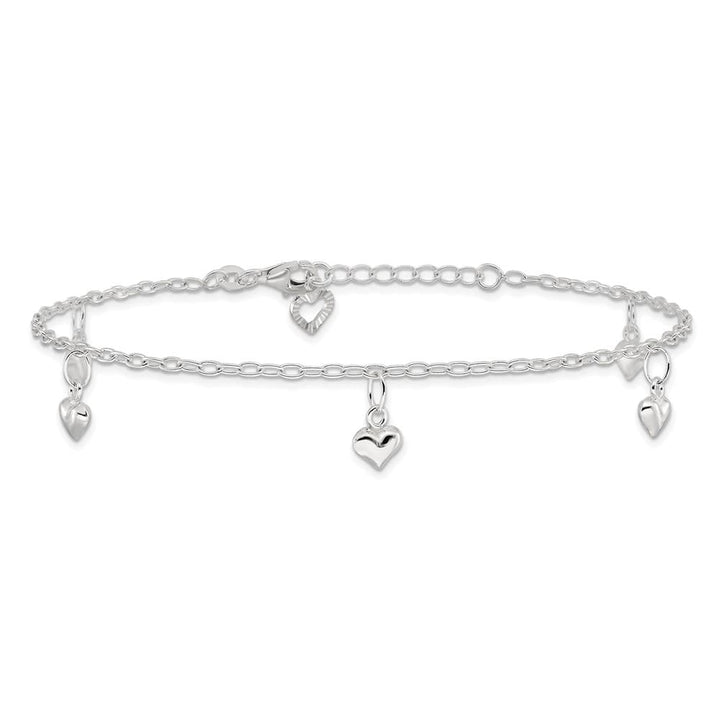 Sterling Silver Puffed Heart Charms on Cable Link Anklet