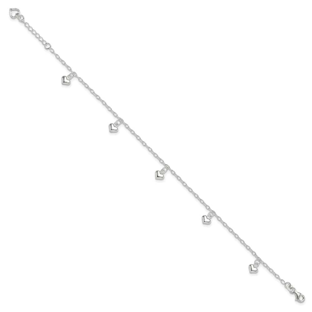 Sterling Silver Puffed Heart Charms on Cable Link Anklet