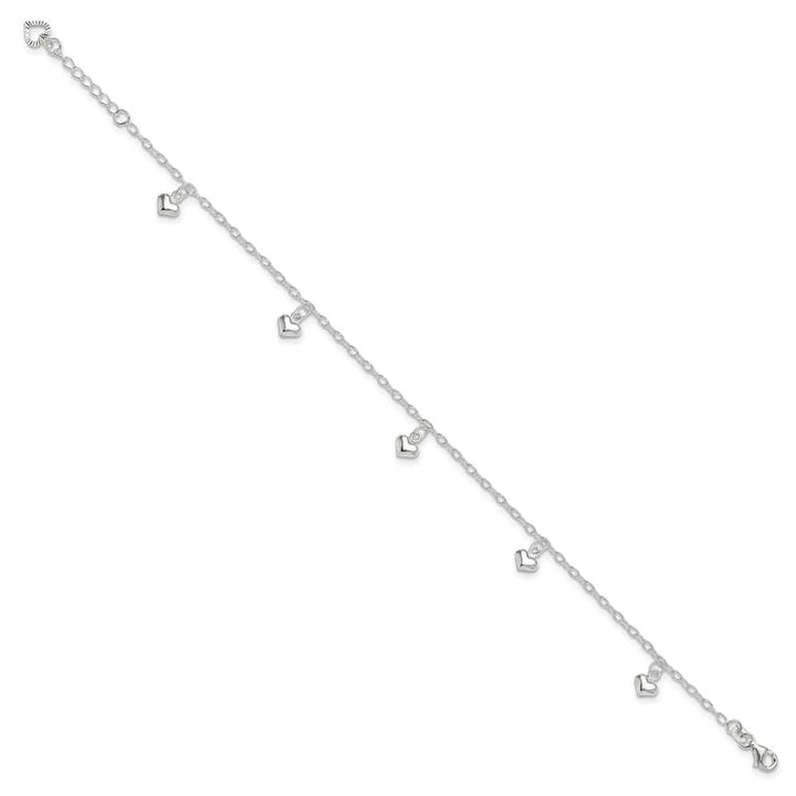 Sterling Silver Puffed Heart Charms on Cable Link Anklet