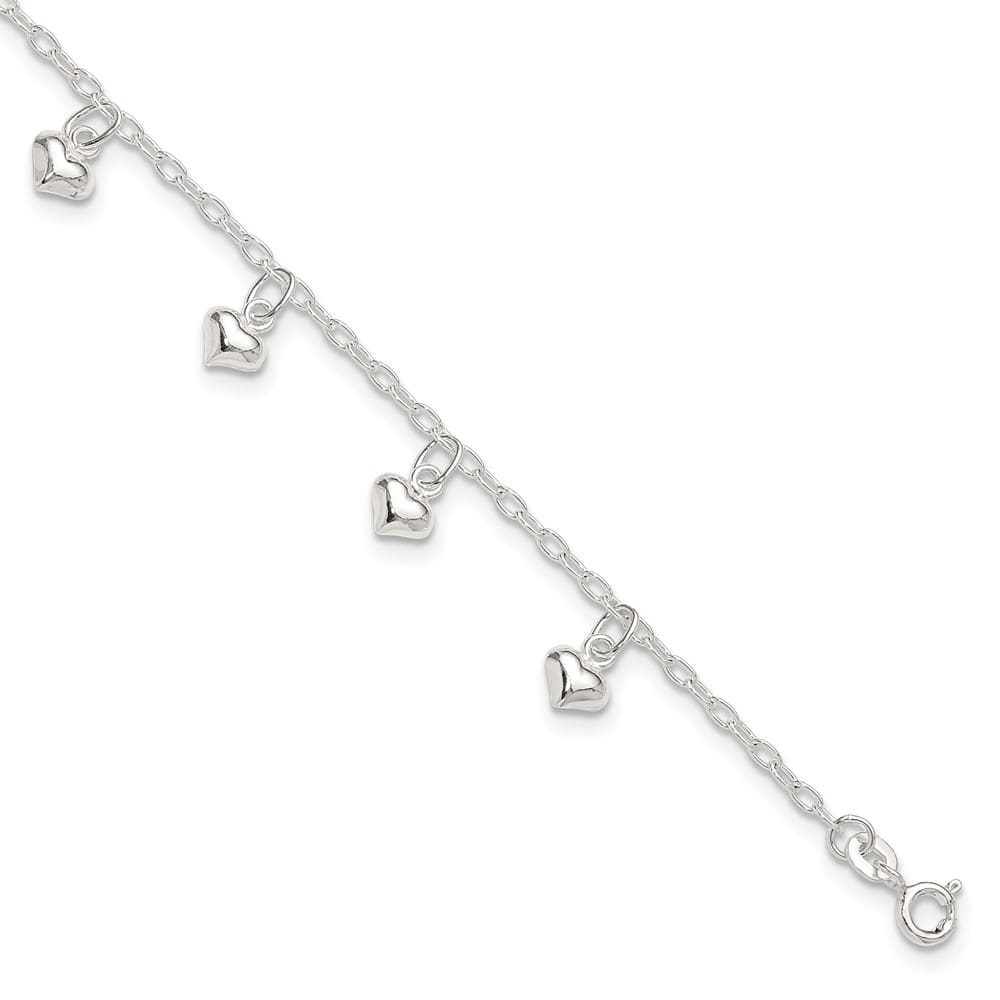Sterling Silver Puffed Heart Charms on Rolo Link Anklet — .925 sterling silver, 10 inches long, 1 inch extension, 2 mm wide, spring ring clasp, 2.57 g