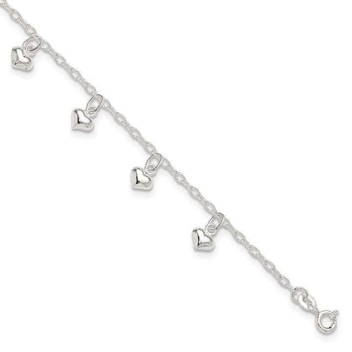 Sterling Silver Puffed Heart Charms on Rolo Link Anklet — .925 sterling silver, 10 inches long, 1 inch extension, 2 mm wide, spring ring clasp, 2.57 g