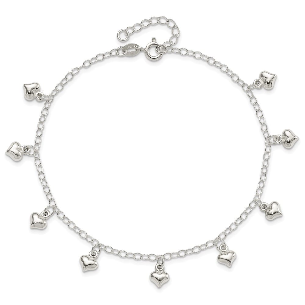 Sterling Silver Puffed Heart Charms on Rolo Link Anklet