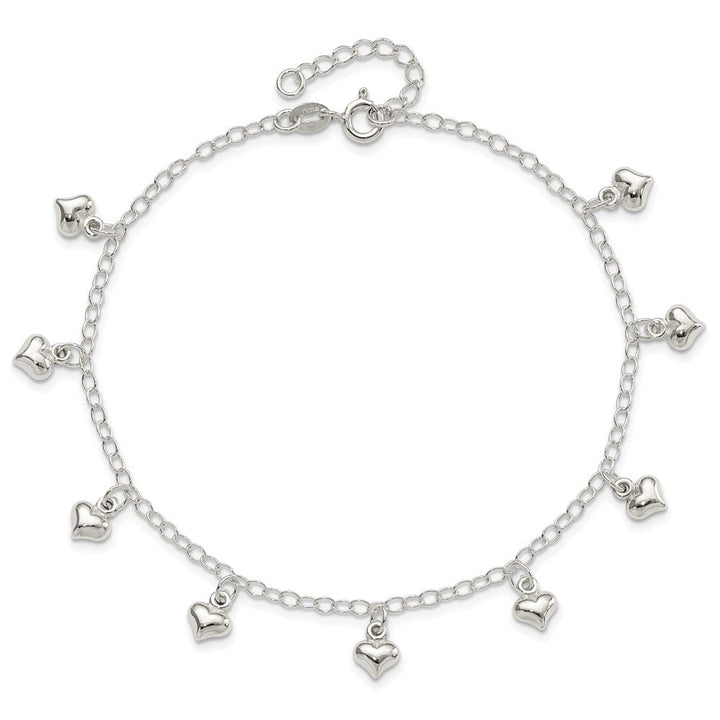 Sterling Silver Puffed Heart Charms on Rolo Link Anklet