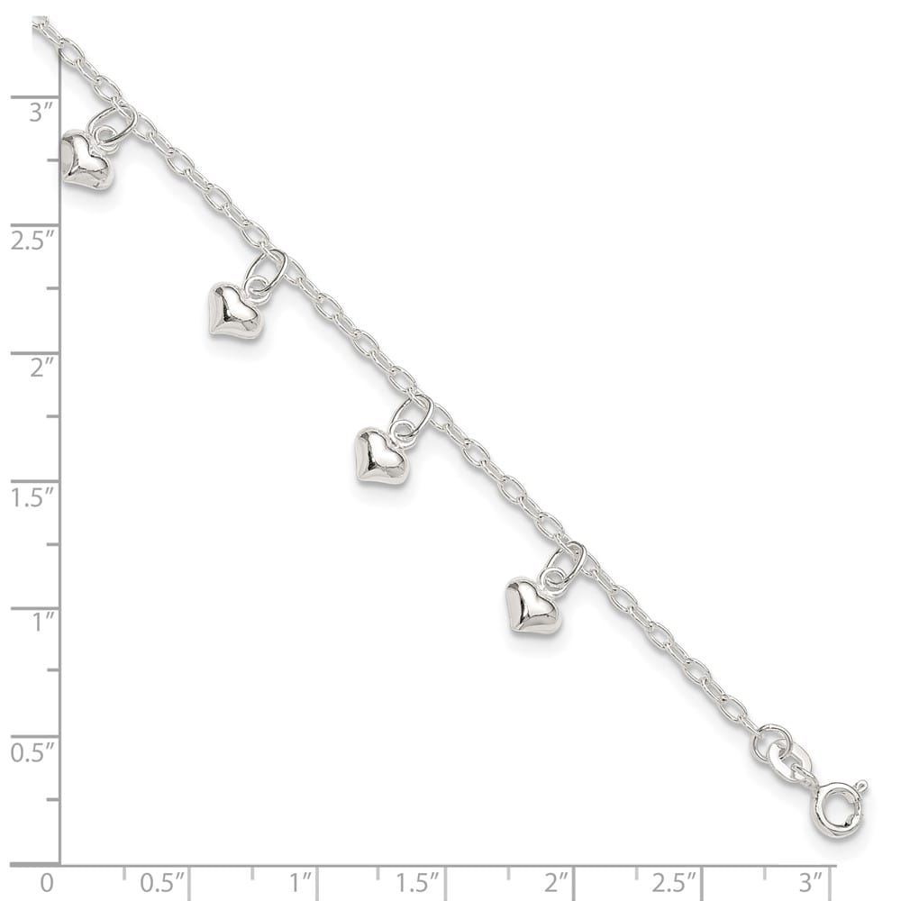 Sterling Silver Puffed Heart Charms on Rolo Link Anklet