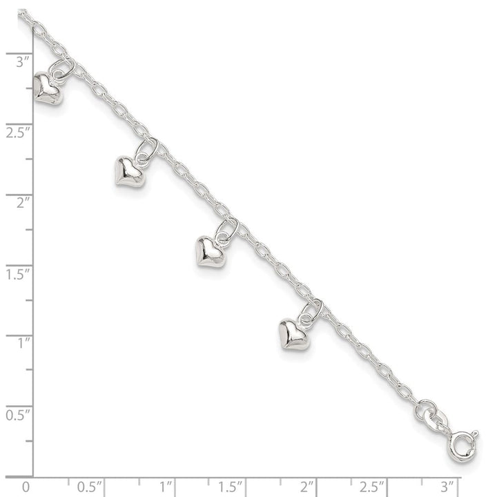 Sterling Silver Puffed Heart Charms on Rolo Link Anklet