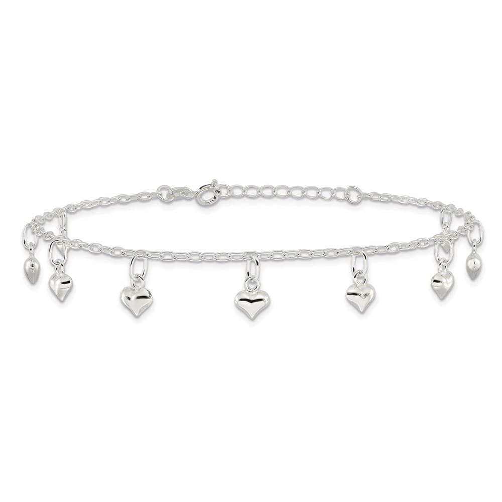 Sterling Silver Puffed Heart Charms on Rolo Link Anklet