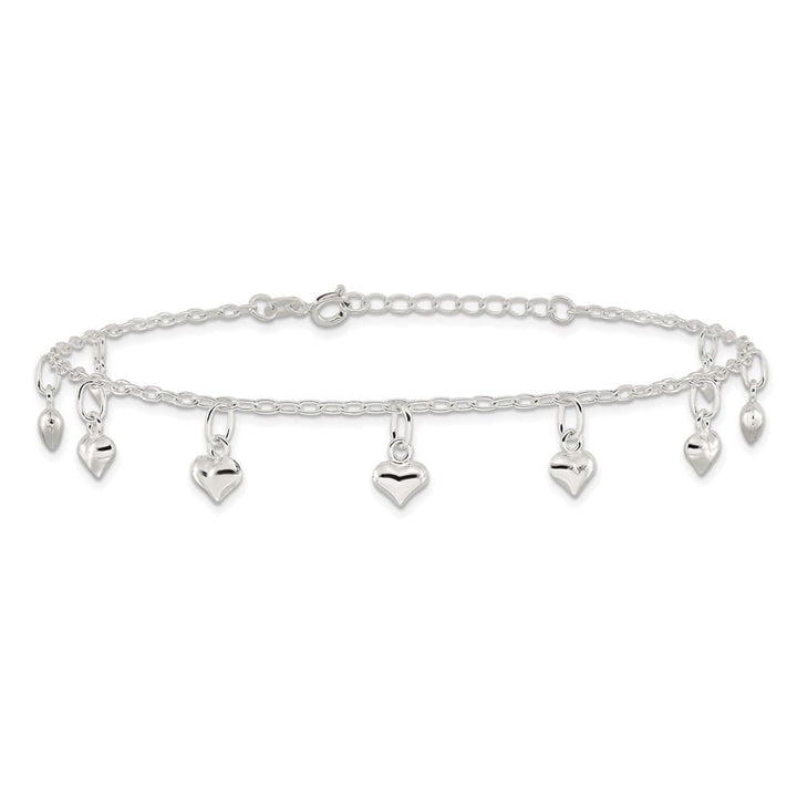 Sterling Silver Puffed Heart Charms on Rolo Link Anklet