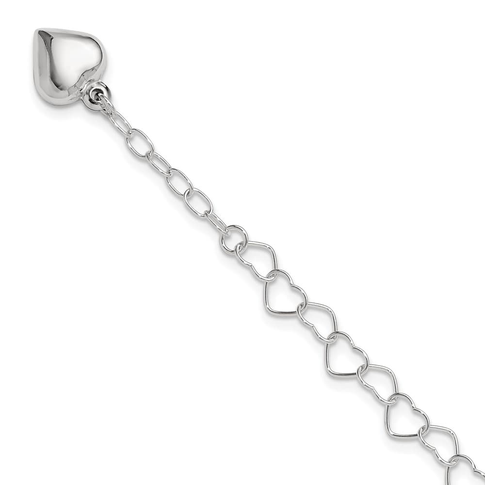 Sterling Silver Puffed Heart Dangle 10 Inch Anklet — .925 sterling silver, 10 inches long, 1 inch extension, 5 mm wide, lobster clasp, 4.03 g
