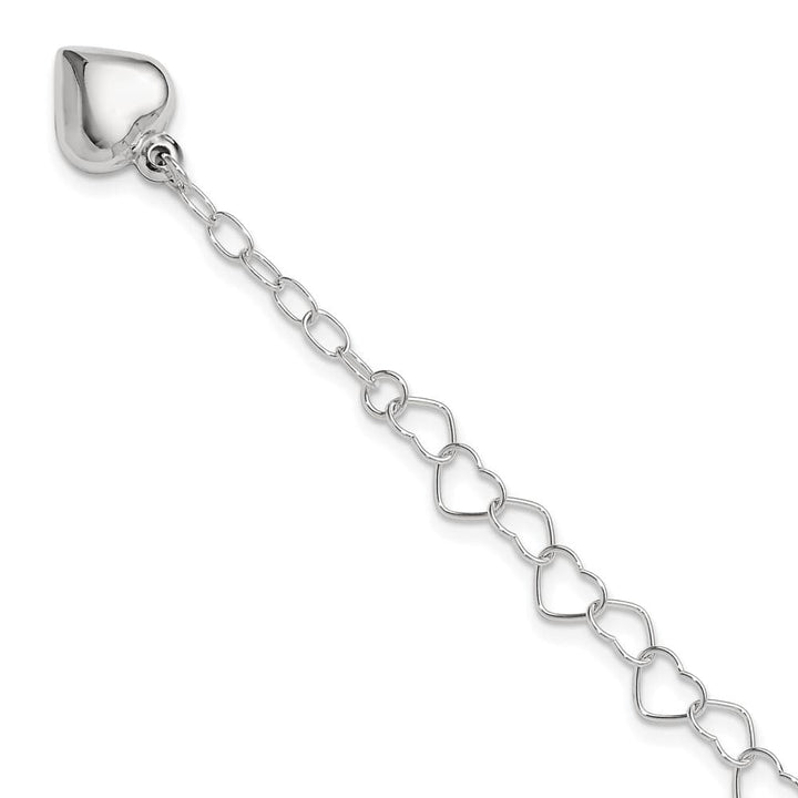 Sterling Silver Puffed Heart Dangle 10 Inch Anklet — .925 sterling silver, 10 inches long, 1 inch extension, 5 mm wide, lobster clasp, 4.03 g