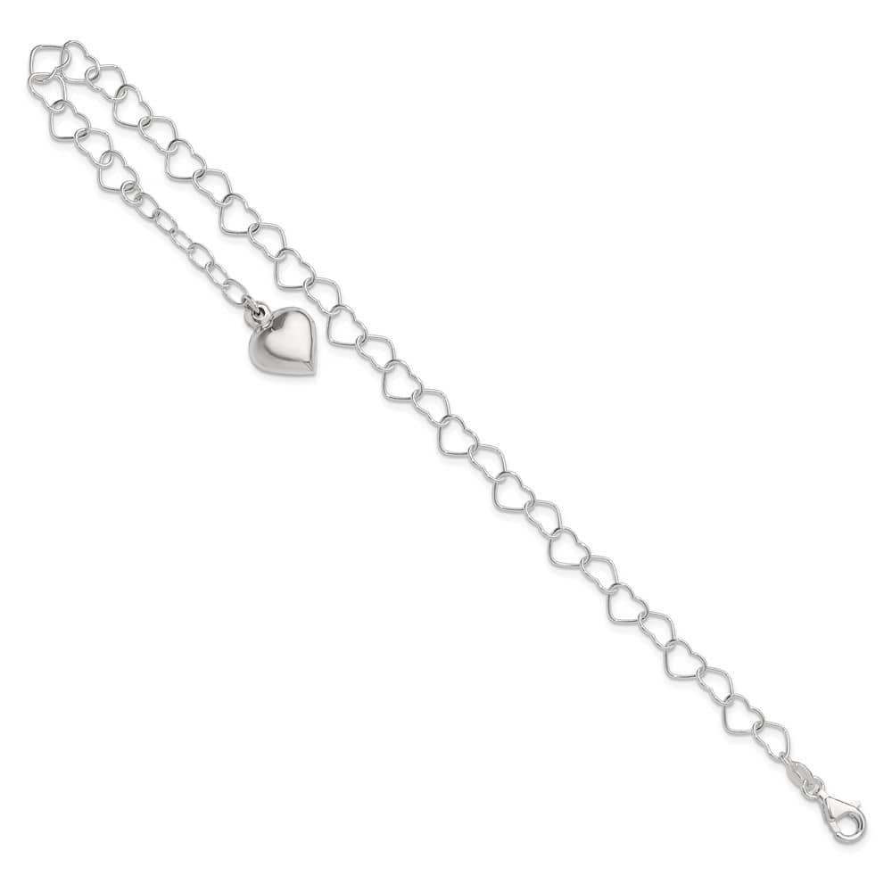 Sterling Silver Puffed Heart Dangle 10 Inch Anklet