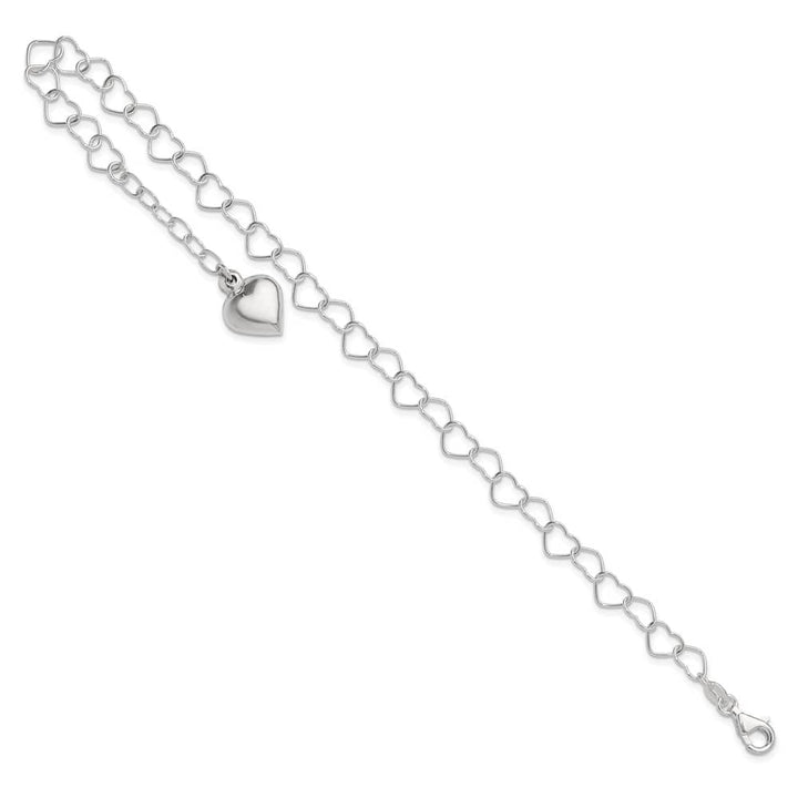 Sterling Silver Puffed Heart Dangle 10 Inch Anklet