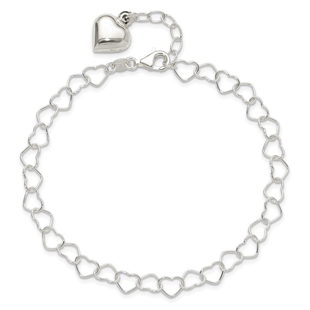 Sterling Silver Puffed Heart Dangle 10 Inch Anklet