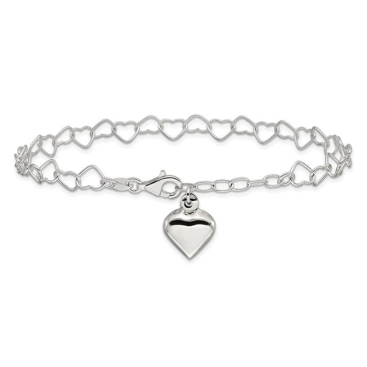 Sterling Silver Puffed Heart Dangle 10 Inch Anklet