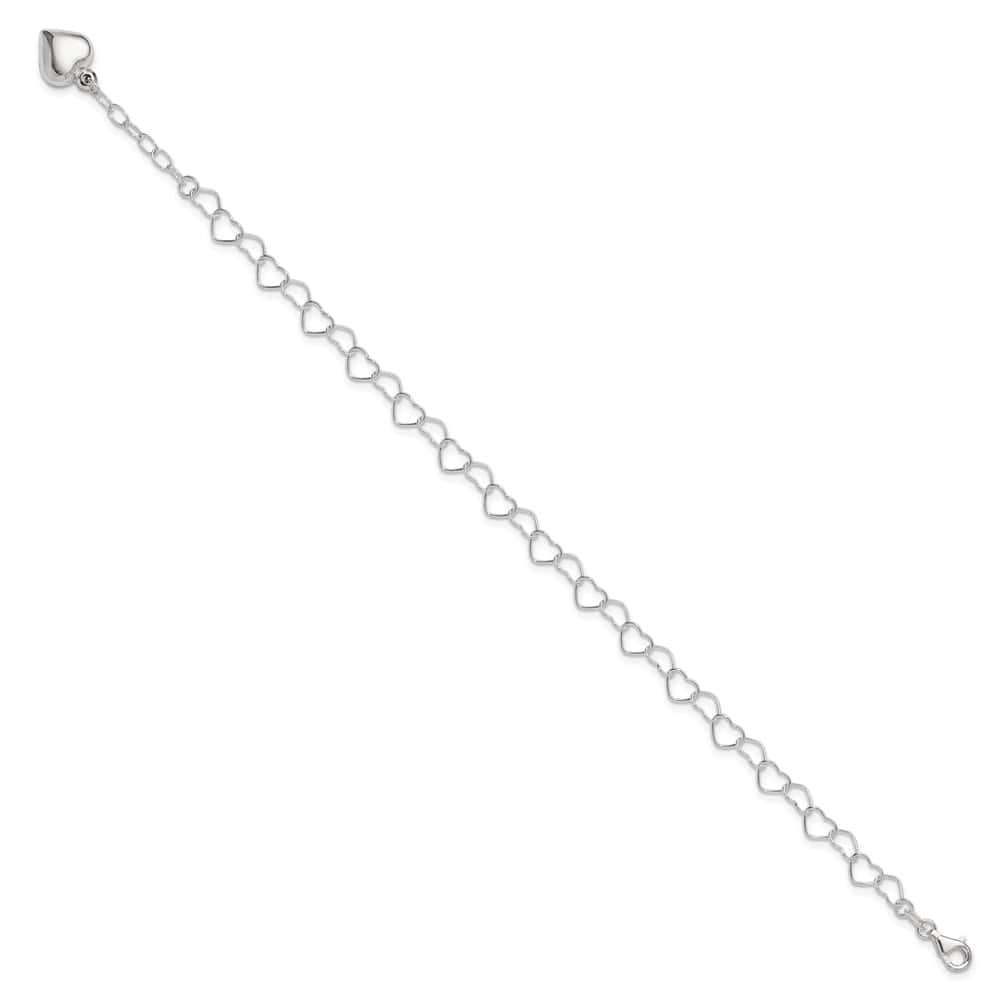 Sterling Silver Puffed Heart Dangle 10 Inch Anklet