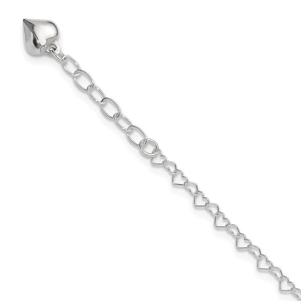 Sterling Silver Puffed Heart Dangle 5 mm Anklet — .925 sterling silver, 10 inches long, 1 inch extension, 5 mm wide, lobster clasp, 2.48 g