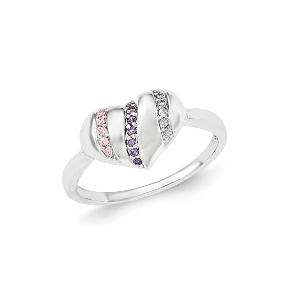 Sterling Silver Purple, Pink & Clear CZ Heart Ring Ladies Stock Size 7 Ring Are Refundable