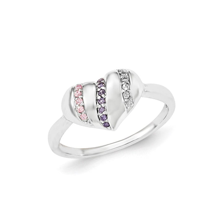 Sterling Silver Purple, Pink & Clear CZ Heart Ring Ladies Stock Size 7 Ring Are Refundable