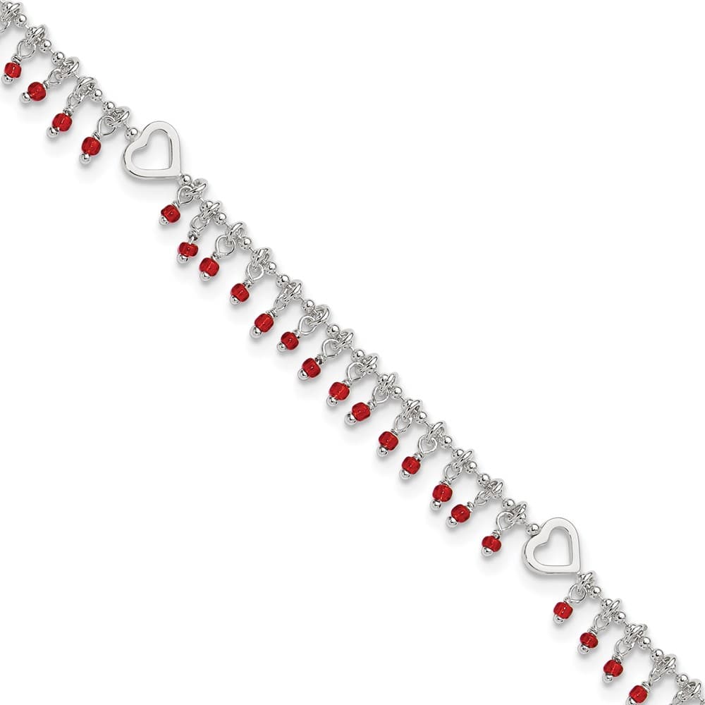 Sterling Silver Red Beads and Heart Anklet — .925 sterling silver, 11 inches long, 1 inch extension, 2 mm wide, spring ring clasp, 5.13 g