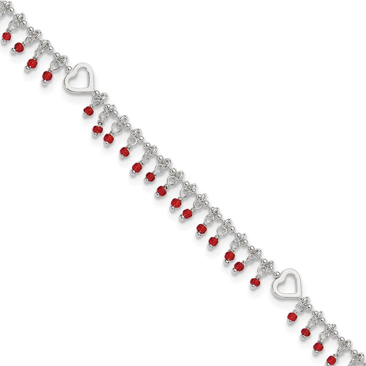 Sterling Silver Red Beads and Heart Anklet — .925 sterling silver, 11 inches long, 1 inch extension, 2 mm wide, spring ring clasp, 5.13 g