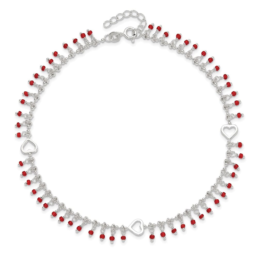 Sterling Silver Red Beads and Heart Anklet