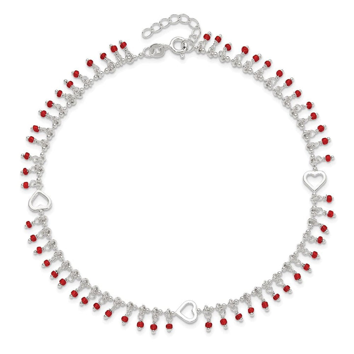 Sterling Silver Red Beads and Heart Anklet
