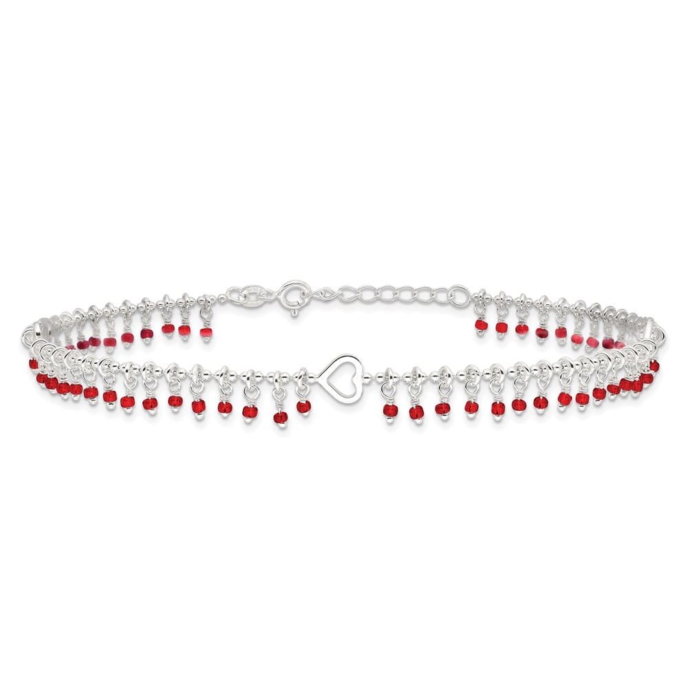 Sterling Silver Red Beads and Heart Anklet