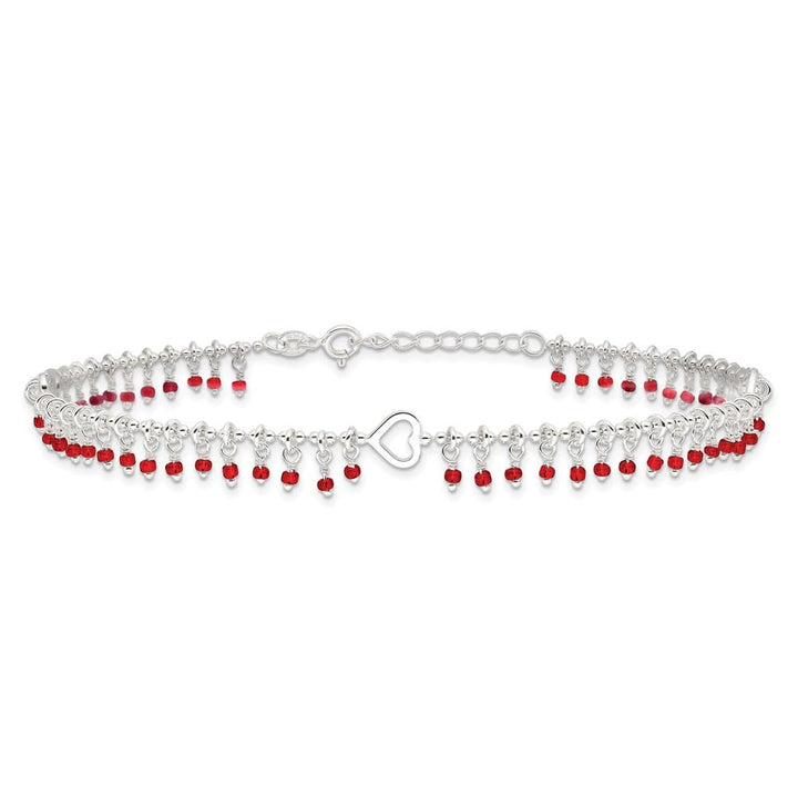 Sterling Silver Red Beads and Heart Anklet