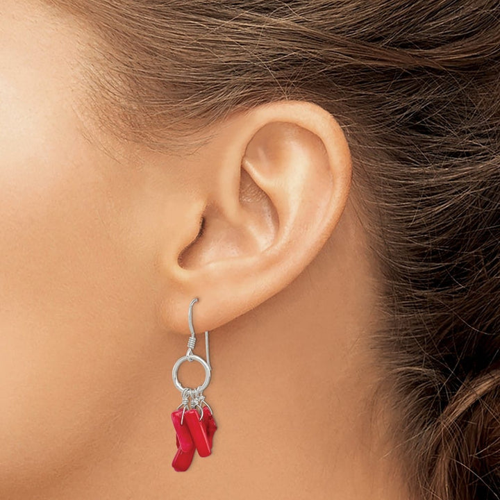 Sterling Silver Red Coral and Circle Dangle French Hook Earrings, view 3 of 4
