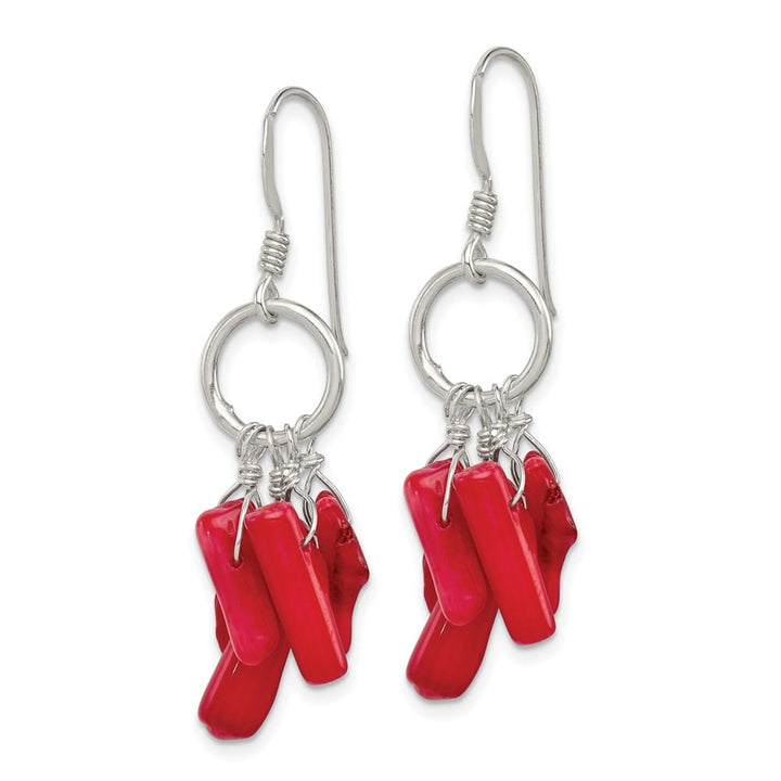 Sterling Silver Red Coral and Circle Dangle French Hook Earrings, view 2 of 4