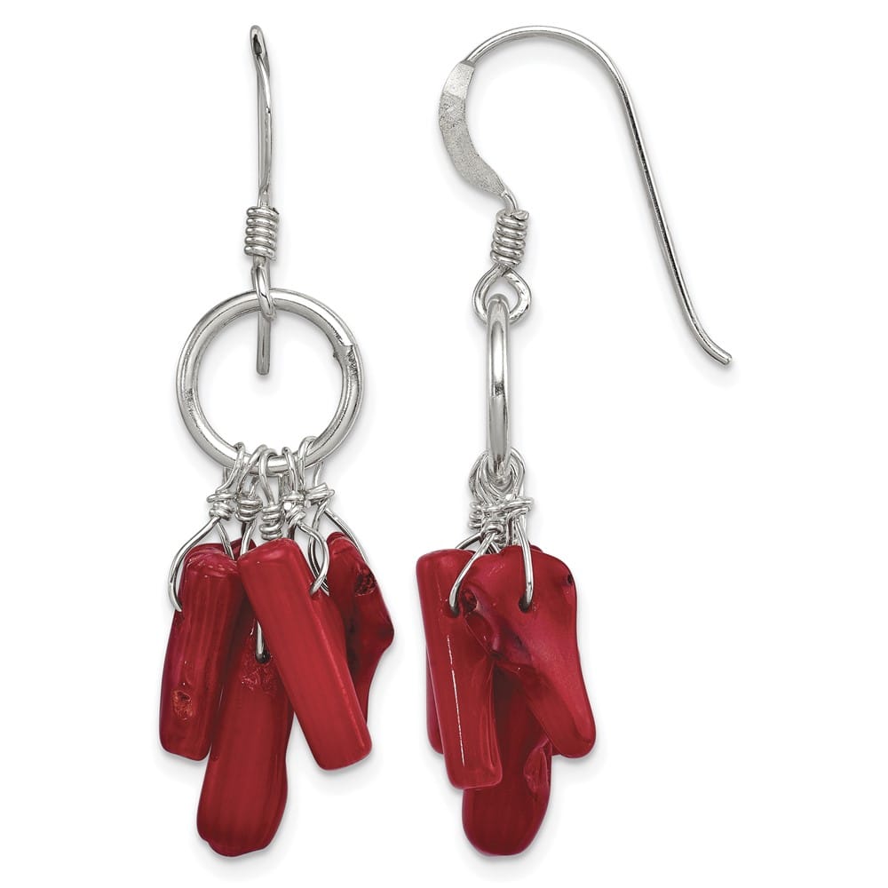 Sterling Silver Red Coral and Circle Dangle French Hook Earrings, view 1 of 4