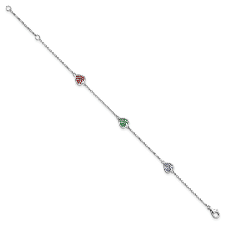 Sterling Silver Red, Green and Blue Glass Hearts 6 inch Bracelet