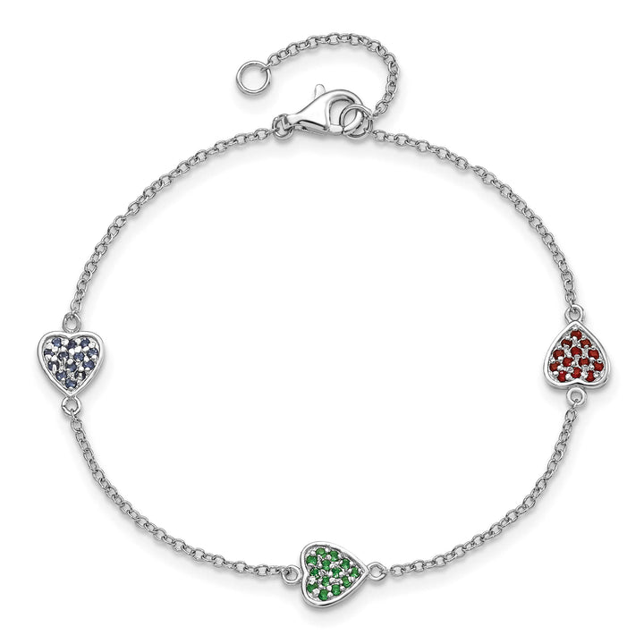 Sterling Silver Red, Green and Blue Glass Hearts 6 inch Bracelet