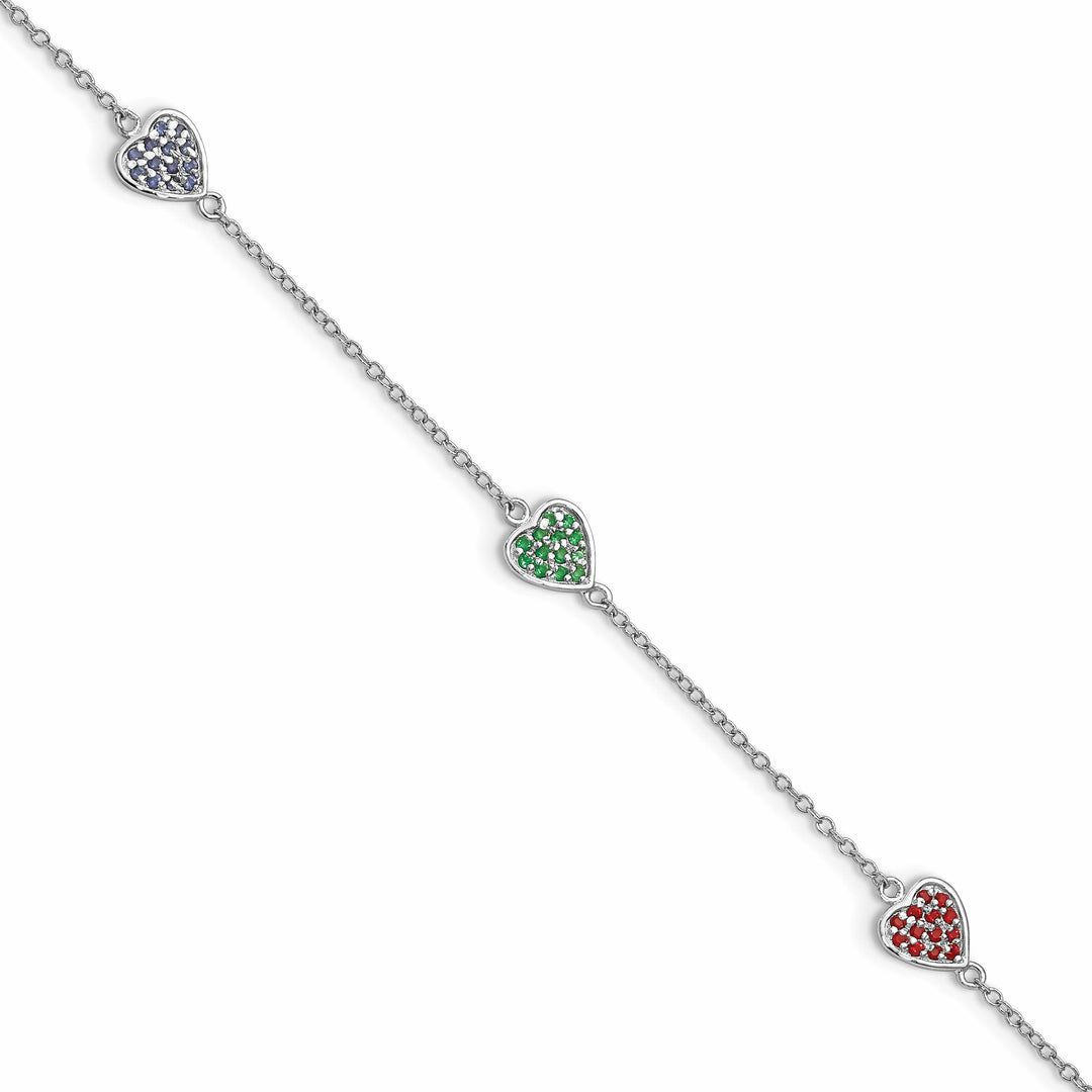 Sterling Silver Red, Green and Blue Glass Hearts 6 inch Bracelet