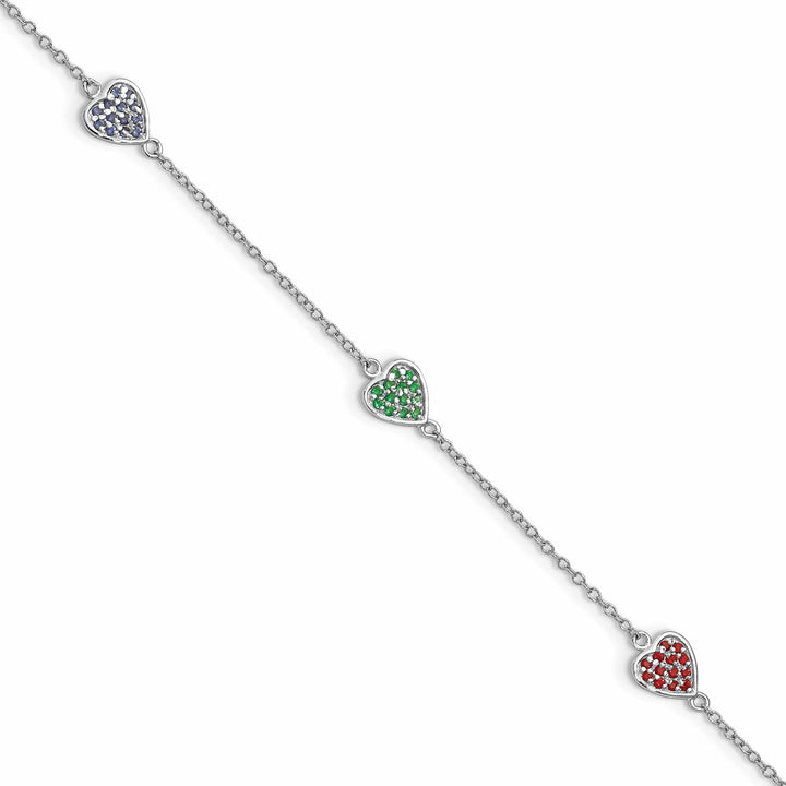 Sterling Silver Red, Green and Blue Glass Hearts 6 inch Bracelet