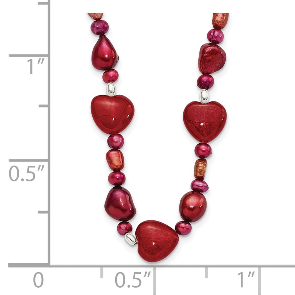 Sterling Silver Red Jade Hearts and Cultured Pearl 17 inch Necklace