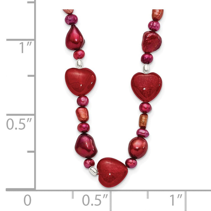 Sterling Silver Red Jade Hearts and Cultured Pearl 17 inch Necklace