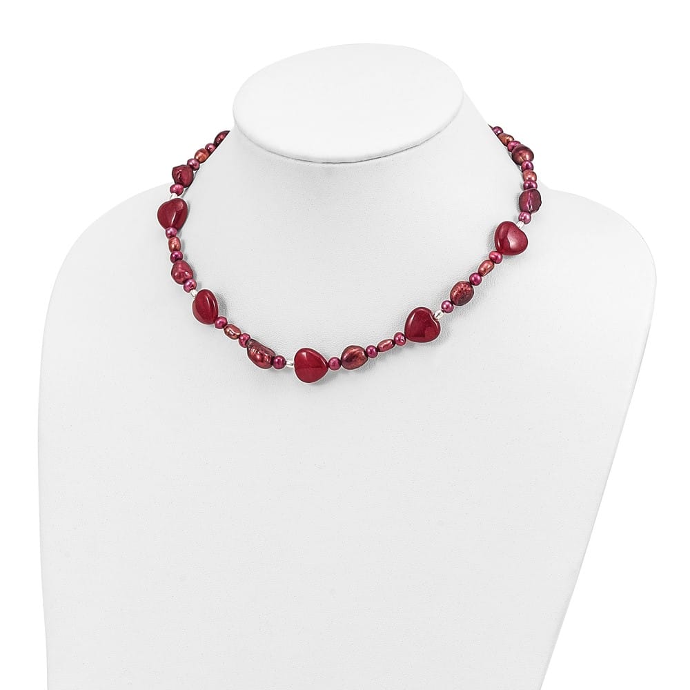 Sterling Silver Red Jade Hearts and Cultured Pearl 17 inch Necklace