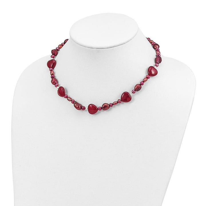 Sterling Silver Red Jade Hearts and Cultured Pearl 17 inch Necklace